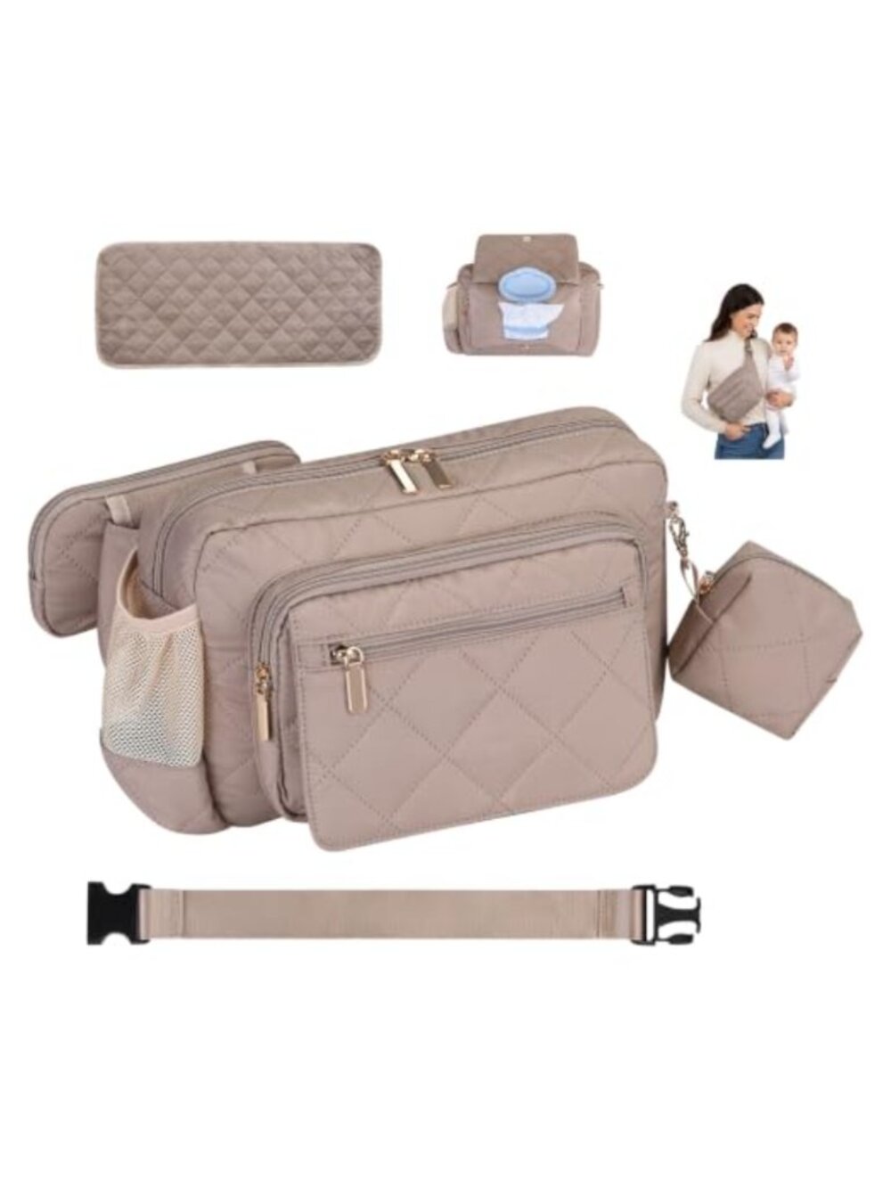 Puffer Quilted Diaper Bag Waistpack Crossbody with Changing Pad Wipes Pouch
